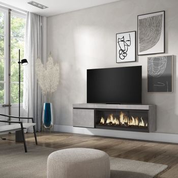 Mueble tv efecto madera cemento 158x35x45cm chimenea efecto fuego