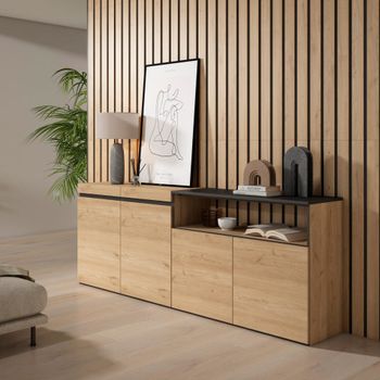 Aparador efecto madera roble y negro 200x35x75cm