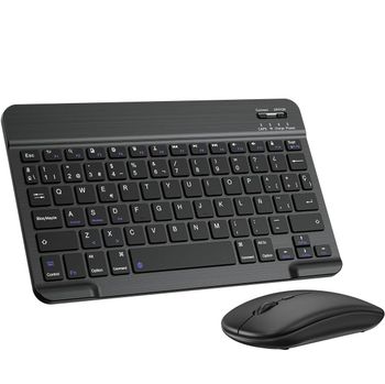 Teclado y Ratón Inalámbrico de 10 Pulgadas, Teclado Español Bluetooth y Ratón Bluetooth y  inalámbrica 2.4G Modo Dual compatible con iPad/Samsung/iPhone Tablet,  Recargable Portátil QWERTY para iOS,
