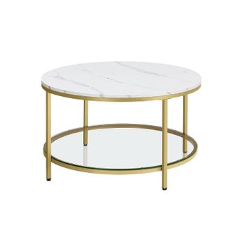 Mesa de Centro Sofá de Mármol de Imitación Redonda Estante de Vidrio, Blanco Mármol + Dorado Métalico / 80 x 46 cm