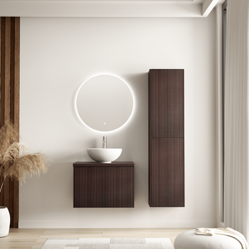Conjunto Mueble De Baño Nogal Acanalado 60 Cm - Lavabo Blanco - Conjunto Mueble Baño Marrón Acanalado - Mueble Lavabo - Lavabo Sobre Encimera - Columna De Baño [tropani]