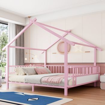 Cama Infantil Metálica En Forma De Casa, Con Barrera De Seguridad, Diseño De Techo Y Marco Decorativo, 140x200 Cm, Rosa