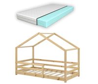 cama para ninos knatten - casita - con colchon ortopedico reja y somier - pino 70 x 140 cm - natural encasa