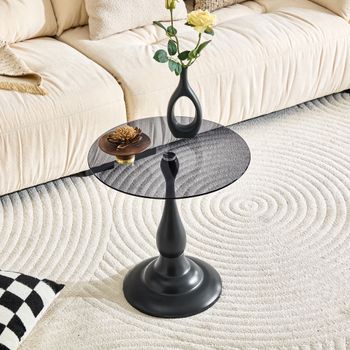 Mesa Auxiliar Redonda - Mueble De Salón - Cristal Y Metal - Negro (50x50x51.5cm)