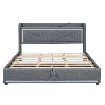 Cama Con Canapé De 160x200cm En Tela De Lino Con Led Y Puertos Usb Gris