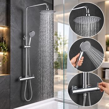 Kibath Columna De Ducha Monomando Tor | Altura Regulable 83-126 Cm | Latón Macizo Cromo Brillo | Diseño Redondo Con Rociador Efecto Lluvia Y Alcachofa | Ideal Techos Altos