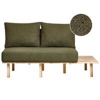 sofa 2 plazas estilo japandi estructura madera clara respaldo con mesa plegable tapizado de boucle verde oscuro salo