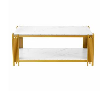Mesa de centro 114x64x46 cm - rectangular con patas de metal y superficie marmoleada, muebles modernos - blanco y dorado