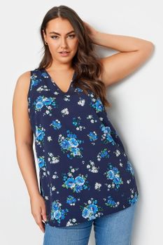 Yours Top Azul Sin Mangas Estampado De Flores, Mujer Curvy Y Tallas Grandes, Yours