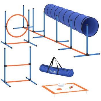 PawHut Conjunto de Entrenamiento de Agilidad 8 Piezas con Túnel Varas de Eslalon Vallas Ajustables Aro de Salto Cuenco Naranja y Azul   Aosom España