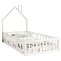 cama casita infantil de 90 x 200 cm de pino y mdf con chimenea y barandillas blanca