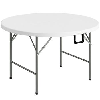 Outsunny Mesa Auxiliar Redonda Mesa de Jardín Plegable con Marco de Acero y Encimera de HDPE Carga 80 kg Ø122x73 cm Blanco   Aosom España