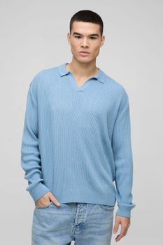 Polo Oversize De Punto Y Canalé Con Solapas, Azul