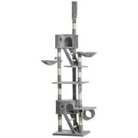 pawhut arbol para gatos de suelo a techo de 240-260 cm con altura ajustable multiples plataformas cuevas cestos y rampas gris