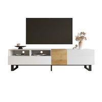 mueble de tv moderno 180 cm con gran almacenaje diseno en blanco y efecto madera mdf y metal