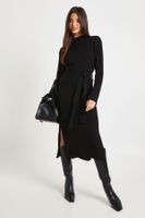 vestido midaxi de canale de punto con atadura en la cintura negro