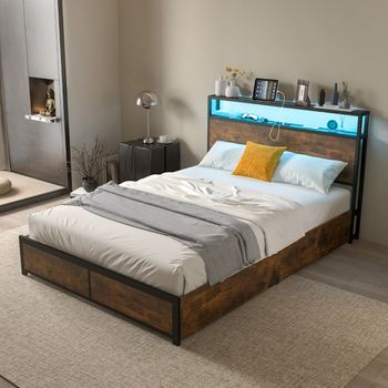 Estructura Cama Doble 140 X 200 Cm Metal Cabecero Luz Led Rgb 4 Cajones Almacenamiento Conexión Usb Plataforma Cfw41905
