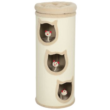 PawHut Barril Rascador para Gatos de 4 Niveles Ø38x96 cm con 3 Cuevas Cama Superior Lavable Cubierto de Sisal 3 Juguetes Crema