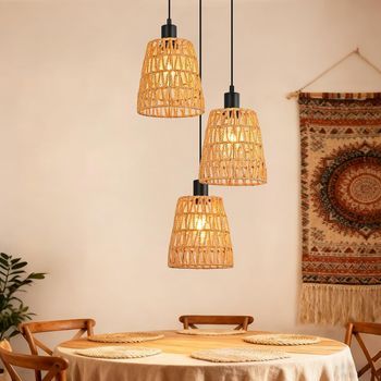 Lámpara Colgante De Ratán Bohemio Nettlife Con 3 Luces - Lámpara De Araña Vintage De Cuerda De Cáñamo Trenzada (bombillas No Incluidas)
