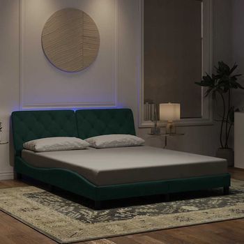 Cama Matrimonial | Cama Para Adultos | Estructura Cama Con Luces Led Terciopelo Verde Oscuro 160x200cm Cfw9535028
