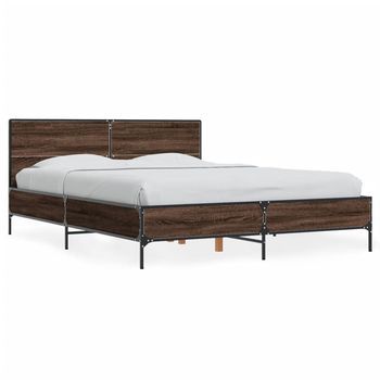 Cama Doble | Cama Para Adultos | Estructura Cama Madera Ingeniería Metal Marrón Roble 140x200 Cm