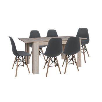 Mesa Extensible De Comedor O Cocina Blanco + 6 Sillas Estilo Nordico Gris