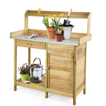 Costway Mesa de Jardinería Banco de Trabajo para Plantas con Cajón Estante Abierto y 3 Ganchos Banco de Jardinería de Madera para Exterior Jardín