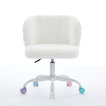 Silla De Escritorio Peluda Giratoria Ajustable Con Ruedas Silenciosas De Colores, Piel De Conejo Sintética, Beige