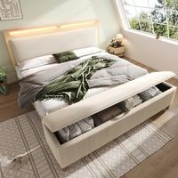 cama doble 140x200 roble claro madera banco almacenamiento cabecero almacenamiento led respaldo terciopelo beige
