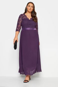 Yours London Vestido Violeta Marino Plisado Con Encaje, Mujer Curvy Y Tallas Grandes, Yours London