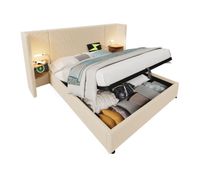 cama de matrimonio de pana 160x200cm con almacenaje y luz ledbeige