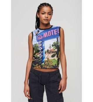 Superdry para mujer. W6011959A Camiseta de tirantes con subestampado negro (XS), Casual, Algodón, Sin mangas / Tirantes