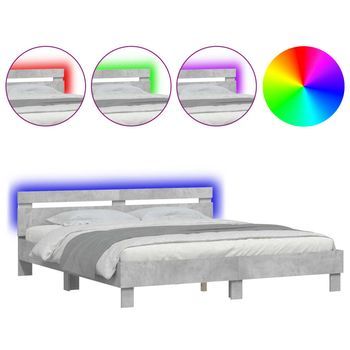 Cama Matrimonial | Cama Para Adultos | Estructura De Cama Cabecero Y Luces Led Gris Hormigón 180x200cm