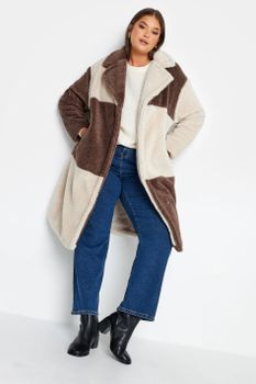 Yours Abrigo Largo De Borreguito De Cuadros Marrones Y Crema, Mujer Curvy Y Tallas Grandes, Yours