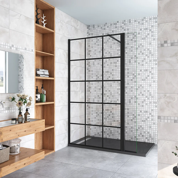 Aica Walkin Mampara Panel De Ducha Serigrafiado De Celosía Cuadrada 2 Hojas Vidrio 8mm Antical Con Barra1 Negra Mate 90cm [(113.9-115.9)+40]x200cm