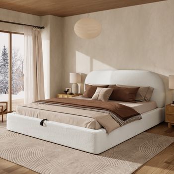 Cama Doble Tapizada Con Somier De Lamas Y Almacenamiento Hidráulico, Cabecero Acolchado, 180x200 Cm, Beige Bouclé