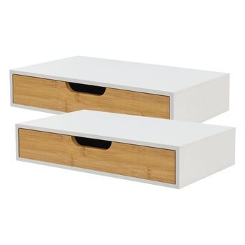 Set De 2 Estantes De Pared Bokn Con Cajón Hasta 5 Kg Bambú 40x24x8cm - Blanco Y Natural [en.casa]