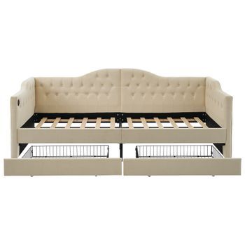 Canapé-lit Para Adultos 90x200 Cm, Con Puerto De Carga Usb-c Y 2 Cajones, Terciopelo Beige (sin Colchón)