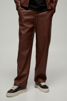 Pantalón Holgado De Cuero Sintético En Relieve Con Cintura Elástica, Brown