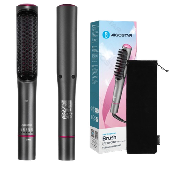 Aigostar Tessa-Cepillo Alisador de Cabello Iónico,Plancha de pelo,5 Temperaturas Ajustable, 130°C-210°C, Peinado Rápido, Luzinfrarroja，Portátil, Peine Caliente Viajar,Gris y Rojo