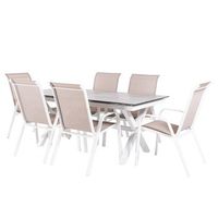 conjunto de mesas y sillas apilables de terraza mesa extensible 180 a 240 cm aluminio y hpl color blanco