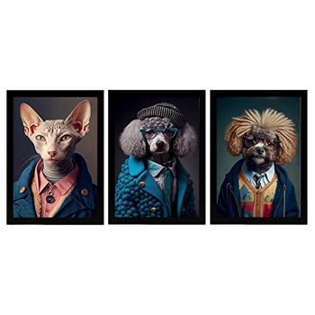 Set De 3 Posters Sofisticado En Estilo Fotografía A Todo Color Divertidas Ilustraciones Realistas De Animales Con Ropa Humana Diseño Y Decoración De Interiores A4 Marcos Negros Nacnic