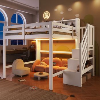 Cama Mezzanine Doble 140x200cm Con Led, Gran Almacenamiento Debajo De La Cama, Escalera De Almacenamiento Y Compartimento Abierto, Blanco