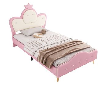Cama infantil,cama individual de poliuretano 90x200cm con luz led y cabecero con corona,rosa