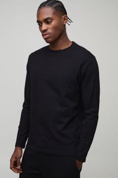 Basic Long Sleeve Regular Fit Crew Neck T Shirt, Negro
