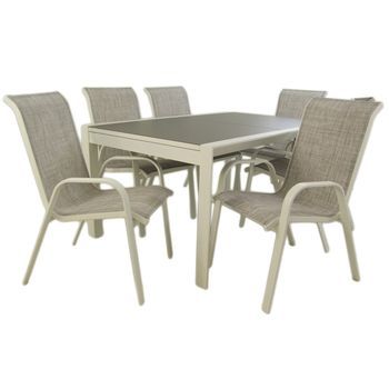 Conjunto Para Terraza, Mesa Extensible 160 A 210 Y 6 Sillones Apilables, Aluminio Reforzado Blanco, Textilene Liso Gris, 6 Plazas, Juego De Sillas Y Mesa Para Jardín, Comedor De Terraza O Patio