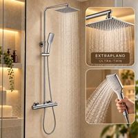 kibath columna de ducha quad termostatico  altura regulable 75-125 cm  laton macizo cromo brillo  diseno cuadrado con rociador efecto lluvia y alcachofa  ideal techos altos