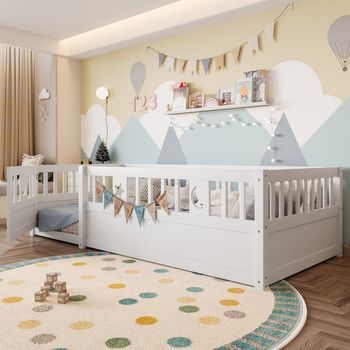 Cama Infantil Con Barrera, Decoración De Estrellas Y Luna, Estilo Minimalista, Blanco, 90x190 Cm, Sin Colchón