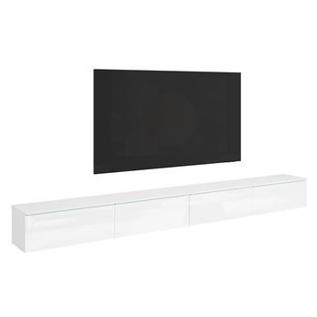 Mueble De Tv Lowboard D 300 Cm, Mueble De Televisión, Mueble De Salón, Iluminación Led Incluida, Color Blanco/blanco Brillo