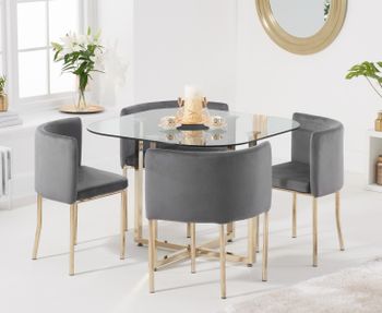Algarve Glass Stowaway Dining Table Gold Leg with Grey Velvet High Back Stools - Grey, 4 Chairs
